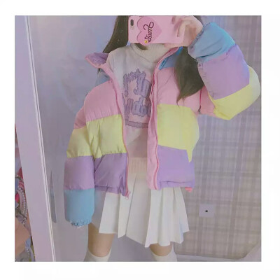 彩虹棉服~日系撞色粗线条纹可爱面包服加厚棉衣外套小棉袄软妹风