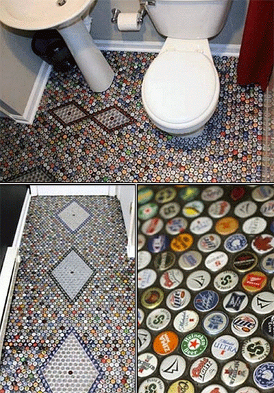 Dude Craft: Beer Cap Bathroom Floor--Great idea for a bathroom off of a rec room that has the billards, ping-pong & poker table...and, of course the bar.-DZhYT-图片