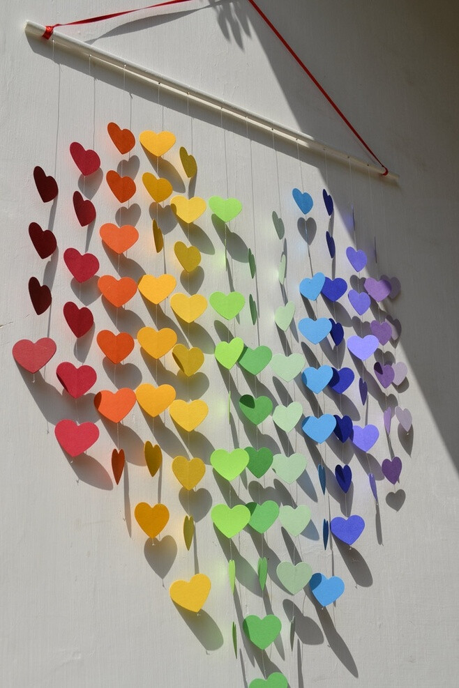 Large Rainbow Heart Mobile / Wall Hanging / Baby Shower / Unique Wedding Gift / Nursery Decor / Playroom / Birthday - MADE TO ORDER. $45.00, via Etsy. (try to make with Paint sample cards cut into hearts and placed back to back on string.)-WY2OT-图片