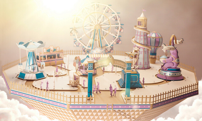 Fantastical Fairground : Makerie Studio and Director André Gidoin have teamed up again to create a surreal world of paper wonder, this time high in an imaginary sky. The Fantastical Fairground is a fully functional set, created from a combination of paper-zJjMW-图片