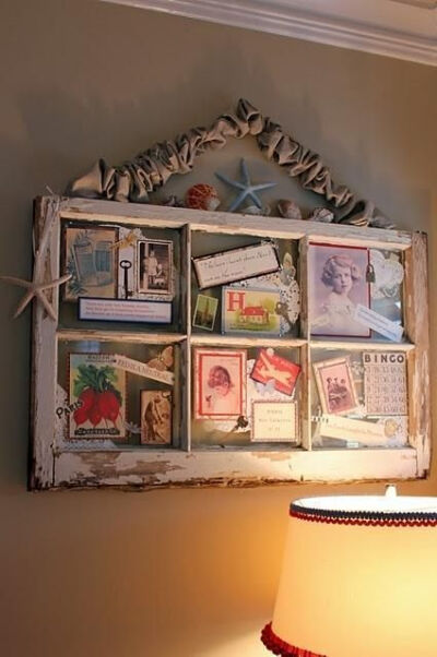 Pictures & Mementos...affixed to the glass of an old salvaged window. So shabby chic!-TQxMm-图片