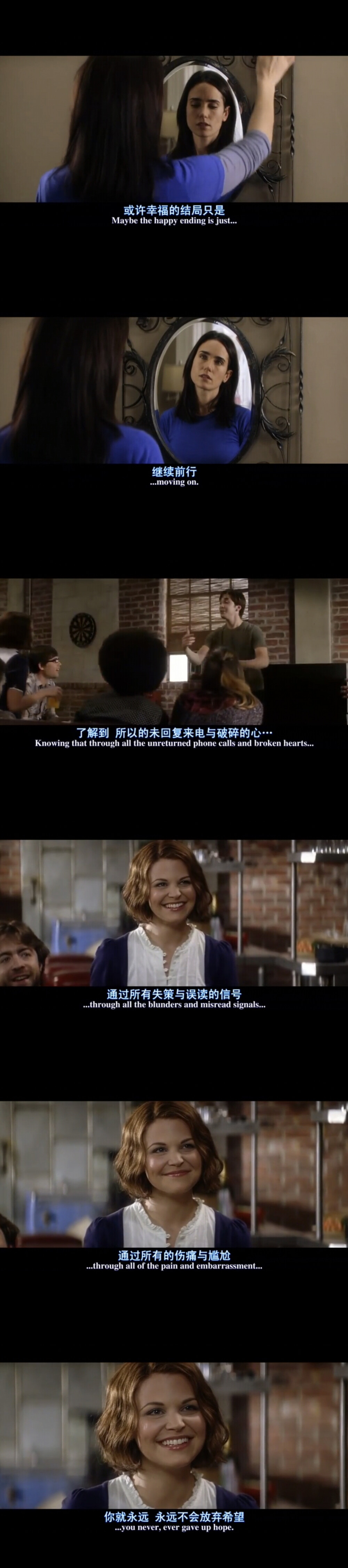 我总是喜欢用一个细节和一个小迹象来判断一个人是否喜欢我，他对我说很高兴认识我，我就认为我们会有可能，然而总是事与愿违。男生总是认为，他如果喜欢你，一定会做出行动，没有做出行动女生就没有必要等了，他一定不喜欢你；相反的，女生总是很敏感的在细节上判定：他给你电话号码，他在和别的女生亲密时还能接你的电话认真的解答你的疑惑，他引导你去选择那个适合自己的人等等等等，男生会很疑惑为什么女生这么敏感，可是这都是因为女生在乎你啊，如果她对你毫无感觉，为什么会这样臆想呢。人生就像一场电影，你总是期待着属于你的幸福结局，在小迹象的判断中，你一定会失误，可在错误的迹象导致的尴尬中，你就永远不会放弃希望。
——《他其实没那么喜欢你》