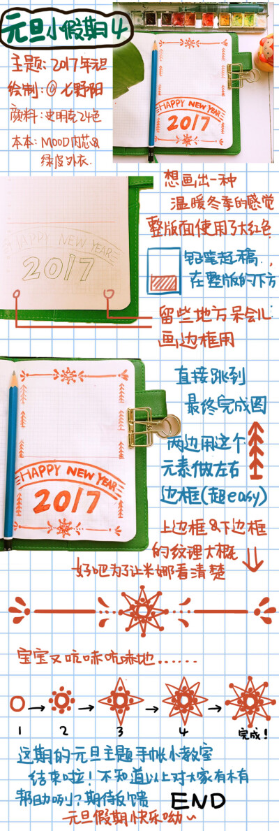 元旦快乐！这里制作了四个关于2017元旦的手帐排版分享，像简笔画小教程哈哈哈 快来微博@七野阳