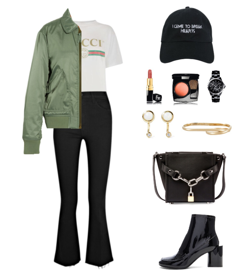 Maison coat、boot，Gucci T-shirt，Mother jeans，Alexander Wang bag，Nasaseasons hat，Chanel watch，Maison ring，Pemela Love earrings#2017