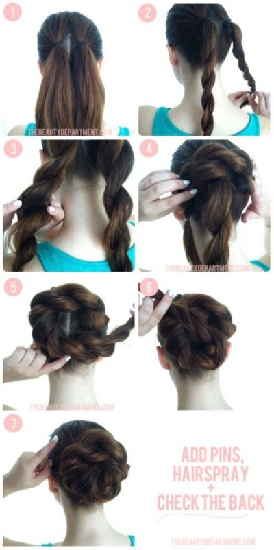 Start with pony tails, rope braid them, and then twist it all in. Hairspray it and add pins if necessary. Mariah:)-2VkMT-图片