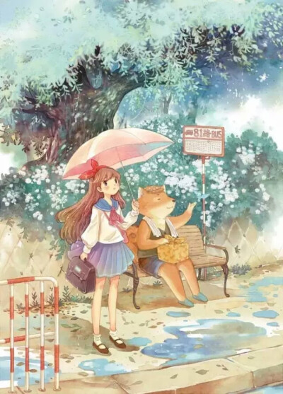  女孩 下雨 等车 