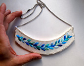 Embroidered jewelry blue necklace laurel leaf design with silver ball chain Spring fashion-DY3MT-图片