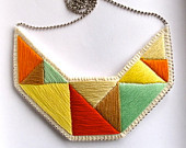 Embroidered jewelry bib necklace in mint bright yellows tan and orange geometric design-2I2ZD-图片