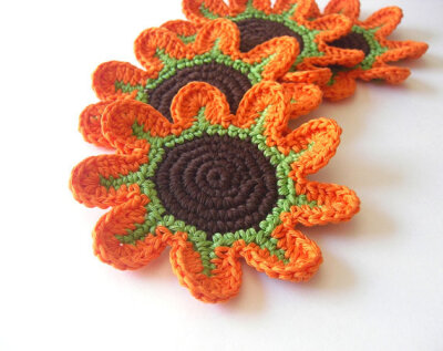 Orange Green Brown Flowers Crochet Coasters . Beverage Drink Petal Original Decor Crochet Spring Garden Collection - Set of 4-GJlMW-图片