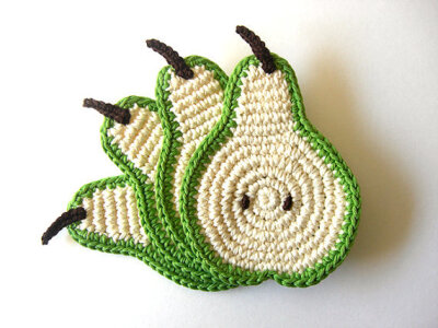 Green Pear Slice Crochet Coasters . Vegan Cream Beverage Drink Decor Crochet Fruit Collection Set of 4-jNkYz-图片