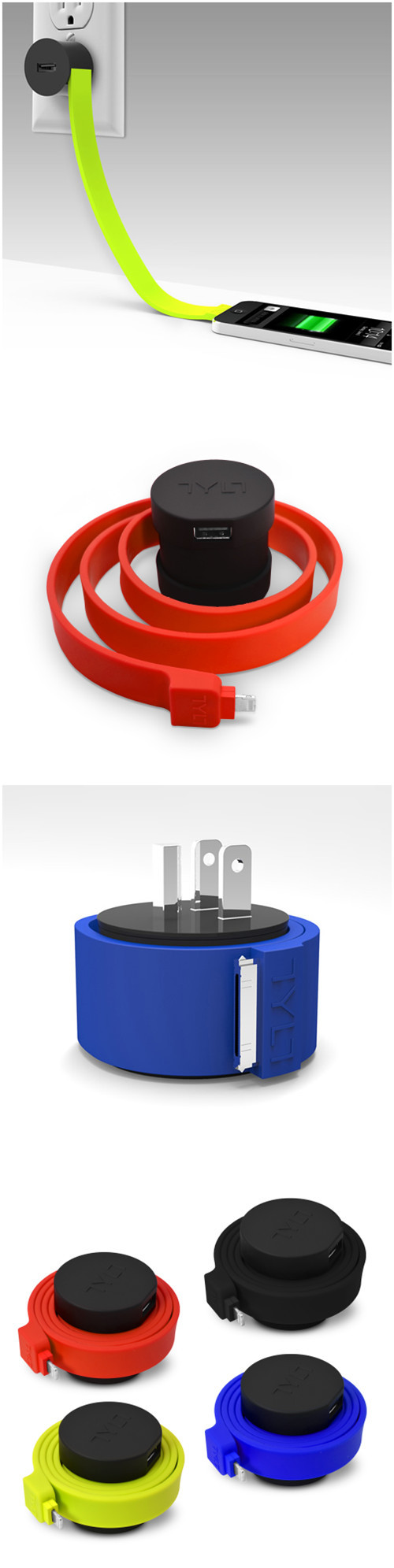 说起手机充电线杂乱不堪，不知大伙都有什么好方法？TYLT公司设计的这款“卷尺充电器”能像卷尺一样将充电线盘在充电器里边，在需要充电时，把充电线抽出来即可。
“卷尺充电器”是为iPhone所发明的，但它的上部设计了一个USB接口，通过外接数据线还可以给其它的手机充电。与hold住所有USB线的“手指固定夹”不同，“卷尺充电器”通过巧妙的自身变化，达到了整洁的目的。 #设计# 更多：http://www.shejipi.com/-zMzZT-图片