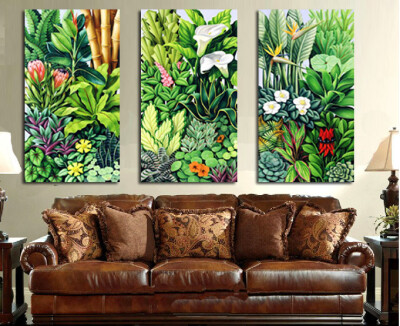 现代简约美式客厅餐厅绿色植物三联无框装饰画东南亚热带雨林挂画