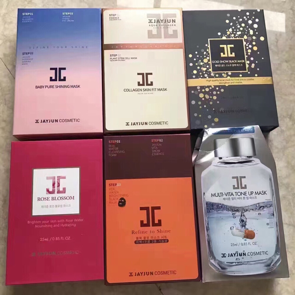 JAYJUN水光家族面膜
橘色水光：保湿，祛皱，缓解细纹。
白色干细胞：保湿，祛黄，提亮肤色。
樱花：美白，抗氧化，抗衰老。
玫瑰：美白补水，淡化黑色素。
维他命：促进细胞分裂，皮肤再生。
黄金面膜：美白淡斑，抗皱修复，深层保湿