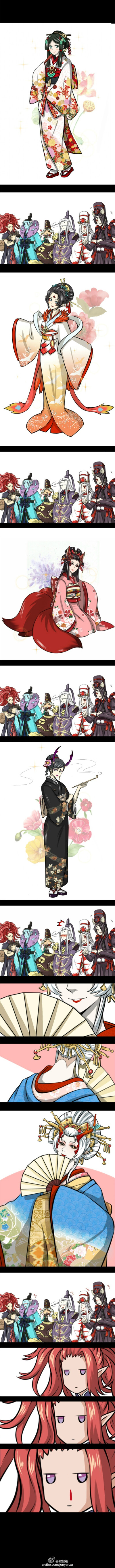 #阴阳师手游#新年伊始，寮里的小姐姐和大姐姐都换上了美美哒和服过节。诶？是不是有什么别的混进来了？有嘛？没有嘛？嗯，没有（～￣▽￣～）