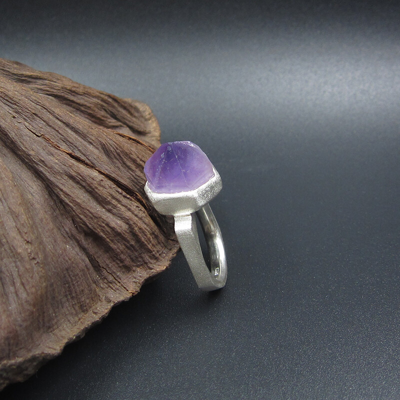 原石之美 925银原创手工包镶天然紫晶原石指环紫水晶纯银戒指