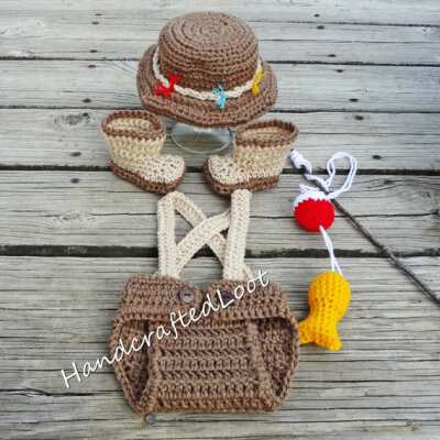 Crochet Newborn-3 Months Baby Fisherman Photo Prop Outfit Diaper Cover, Fishing Hat, Boots, Fish and Bobber Set Great Gift