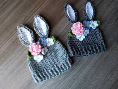 Bunny Hat with Flowers, Rabbit Hat, Easter Bunny Hat, girl bunny hat; newborn bunny hat; toddler bunny hat; child hat; baby hat; girl hat