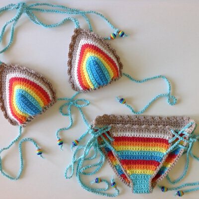 Lace up Rainbow 100% Cotton Crochet Bikini with rainbow gumball beads