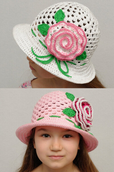 Floral Crochet summer hat Girls sun hat hat with rose Girls summer hat with brim Crochet girls hats Beach hat girls accessories Photo Prop