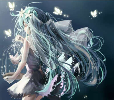 初音 华丽 囚笼 梦幻 魔幻 空灵 蝴蝶 厚涂 头纱 背影 唯美 二次元