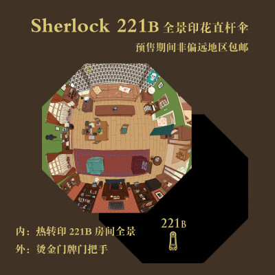 【现货包邮】神探夏洛克Sherlock 221B全景烫金印花双层直杆伞