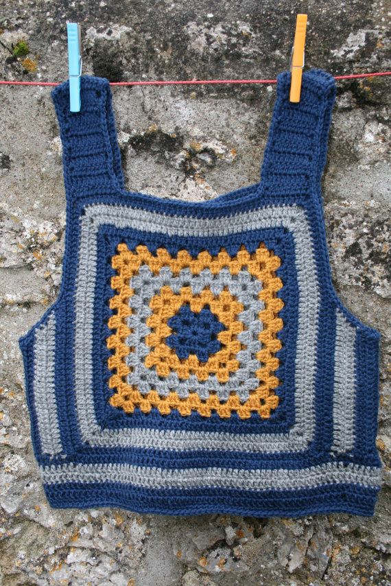 Betty: New handmade crocheted vest vintage style, granny square, pure wool