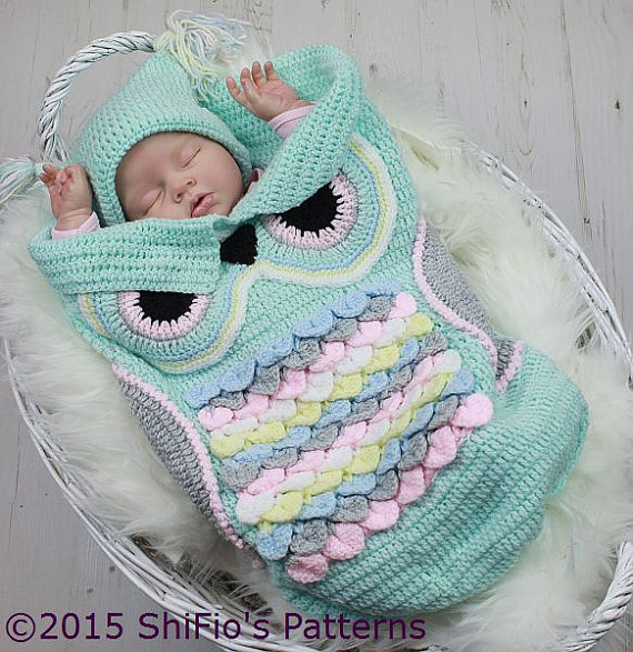 CROCHET PATTERN For Owl Baby Cocoon, Papoose & Hat in 3 Sizes U.K, U.S.A, Deutsch, Francais, Dutch, PDF 245 Digital Download