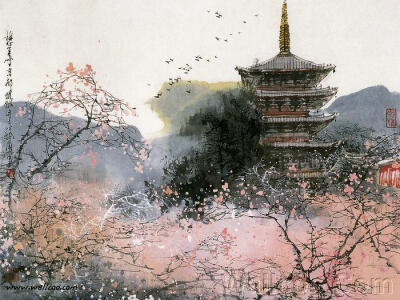 刘懋善山水画壁纸：京都樱花时节（日本）