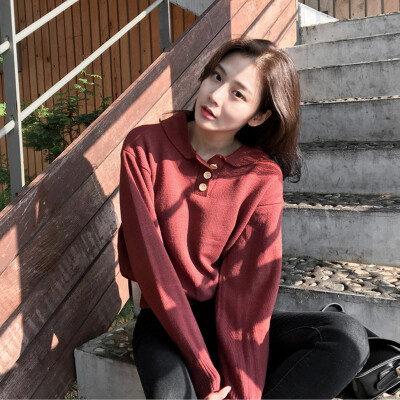 韩国2016秋冬款女装复古文艺风纽扣针织衫俏皮娃娃领毛衣