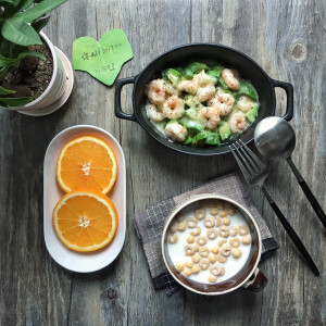 2016.1.1早餐记录:牛油果奶酪焗虾仁+牛奶谷物圈+橙子