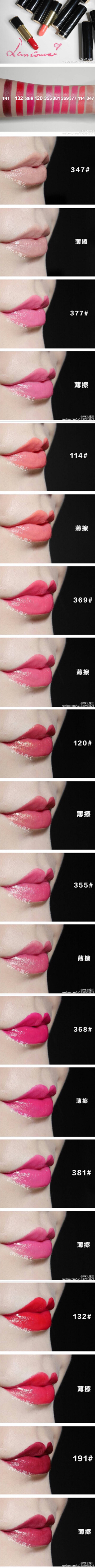 LANCOME L'ABSOLU ROUGE
全新兰蔻菁纯唇膏 114 120 132 191 347 355 368 369 377 381 十支全试色|
新系列的包装变成了圆管，按压弹出挺有趣的。滋润度很棒，不拔干不起皮不挑唇部状态，还有一定软化唇部死皮的效果…