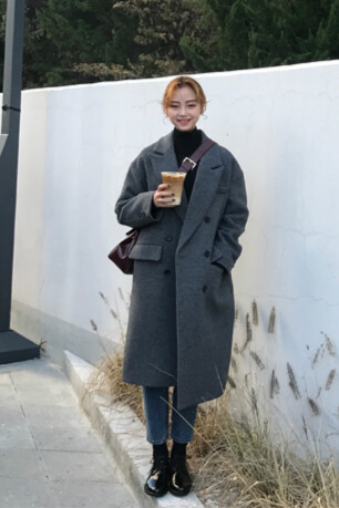 韩国冬装新款双排扣斜纹大口袋夹棉毛呢外套女