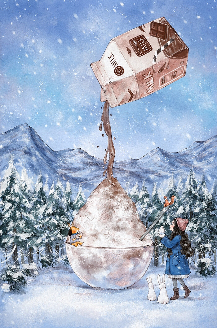冬天的味道，就像美妙的巧克力刨冰 ~ 来自韩国插画家Aeppol 的「森林女孩日记-2016」系列插画。