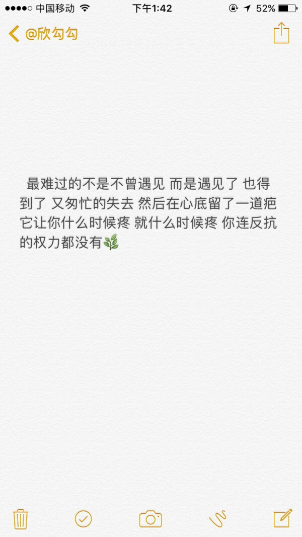 最难过的不是不曾遇见 而是遇见了 也得到了 又匆忙的失去 然后在心底留了一道疤 它让你什么时候疼 就什么时候疼 你连反抗的权力都没有