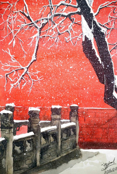 【雕栏玉砌应犹在，只是朱颜改】水彩故宫雪景❄临摹照片，原图来自@故宫博物院