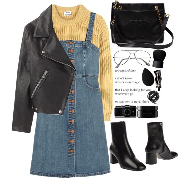 A fashion look from January 2017 featuring vintage style dresses, yellow sweater and leather biker jacket. Browse and shop related looks.