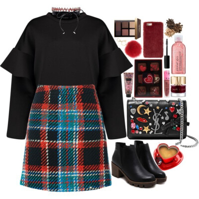 A fashion look from December 2016 featuring flutter sleeve top, a line mini skirt and chunky-heel ankle boots. Browse and shop related looks.