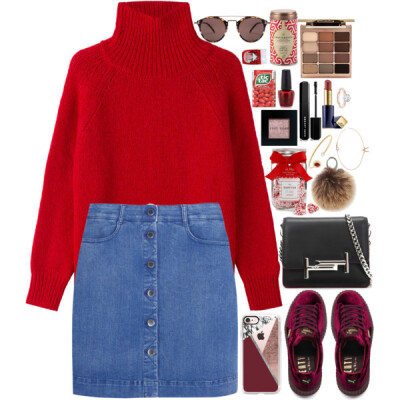 A fashion look from January 2017 featuring turtleneck tops, blue skirt and creeper shoes. Browse and shop related looks.