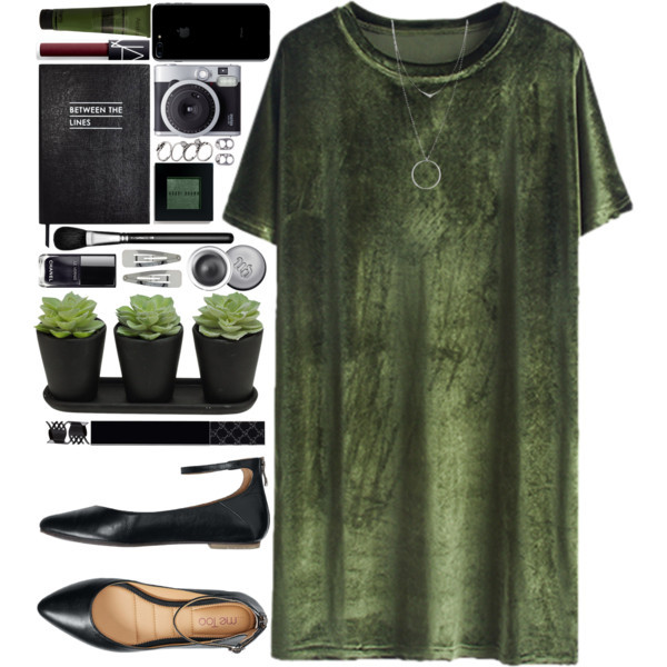 A fashion look from January 2017 featuring green velvet dress, black pointy toe flats and crucifix jewelry. Browse and shop related looks.