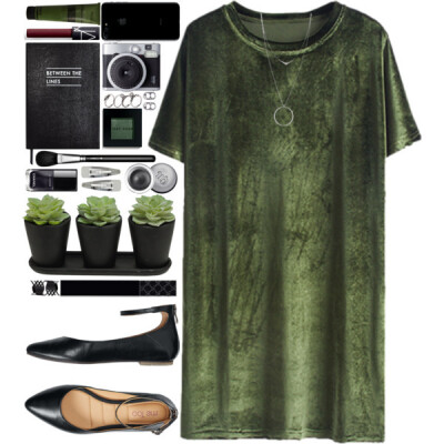 A fashion look from January 2017 featuring green velvet dress, black pointy toe flats and crucifix jewelry. Browse and shop related looks.