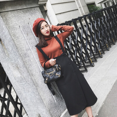 nini 自制小众气质单品 两色复古布包扣高腰显瘦背带裙半身裙