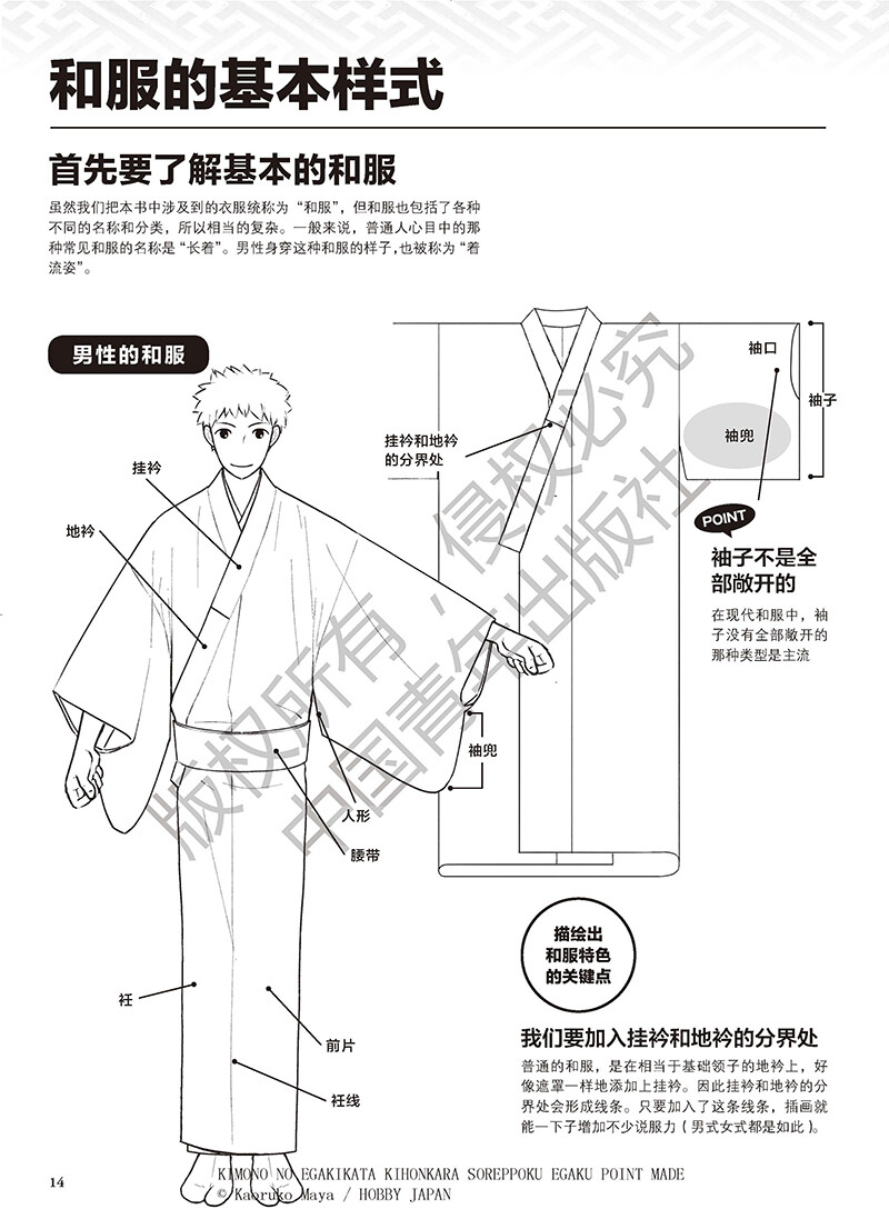 曼妙和风，唯美服饰！零基础绘制和风人物、了解和服造型的漫画必修技！由日本漫画家摩耶薰子老师精心编著，编写中参考了众多日本和服类书籍，分类介绍了和服的基本样式和穿法、各种男式和女式和服的服装特点以及绘制技巧。