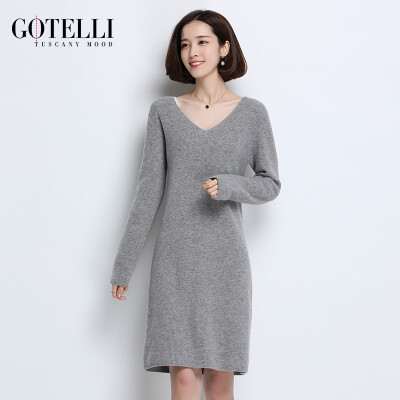 GOTELLI2016冬加厚包臀针织衫女套头V领中长款纯山羊绒衫外套