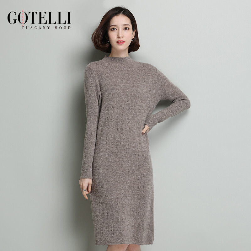 GOTELLI2016冬装中长款直筒毛衣外套半高领纯色100%纯羊绒衫女