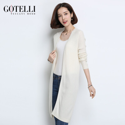 GOTELLI2016秋季欧美纯色中长款针织衫毛衣外套女纯羊绒开衫