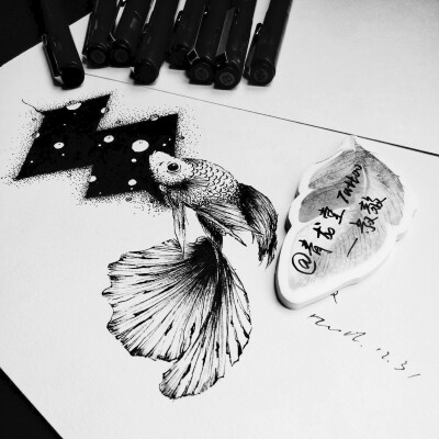 鱼类纹身手稿 黑白插画 针管笔