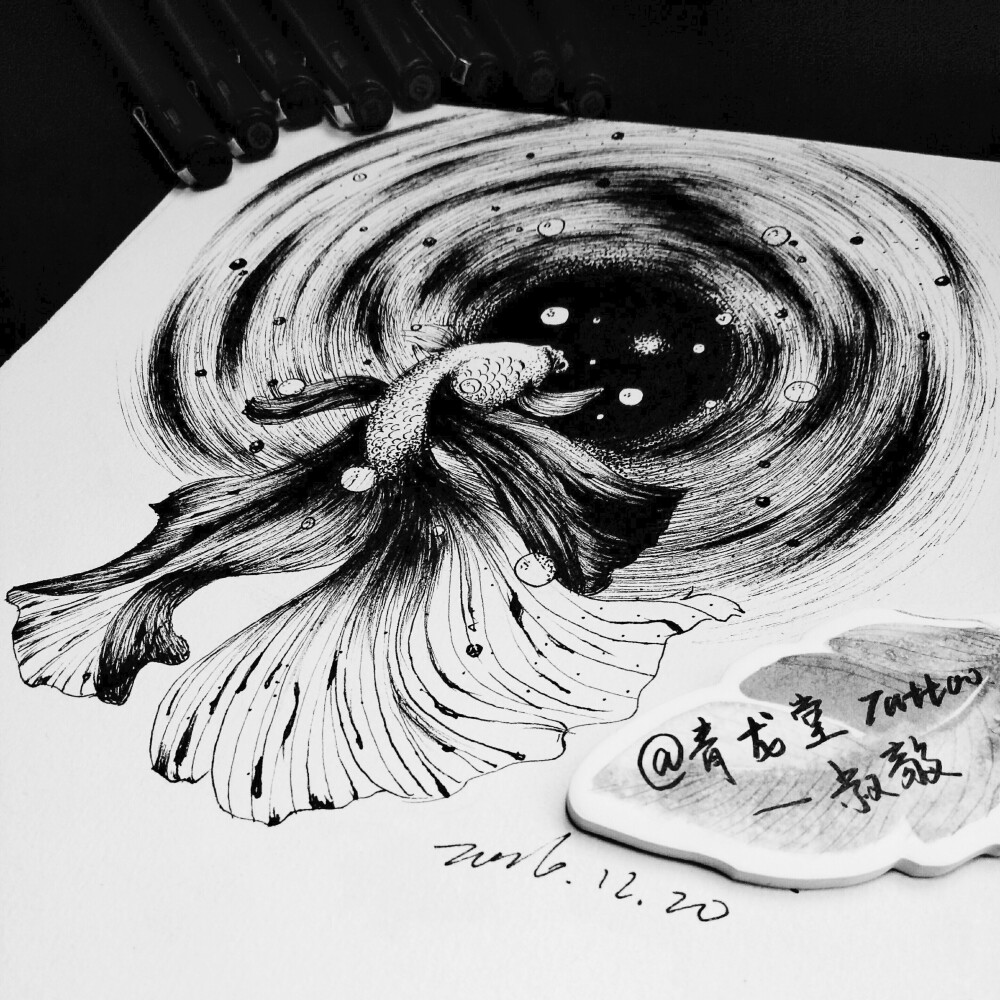 鱼类纹身手稿 黑白插画 针管笔