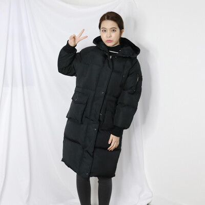 BBRUN 韩国冬季纯色加厚长款羽绒棉服外套女 百搭黑色潮