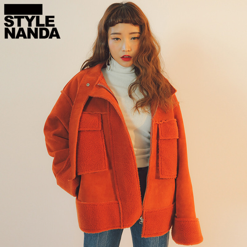 韩国stylenanda 扣带点缀立领仿毛皮一体式夹克