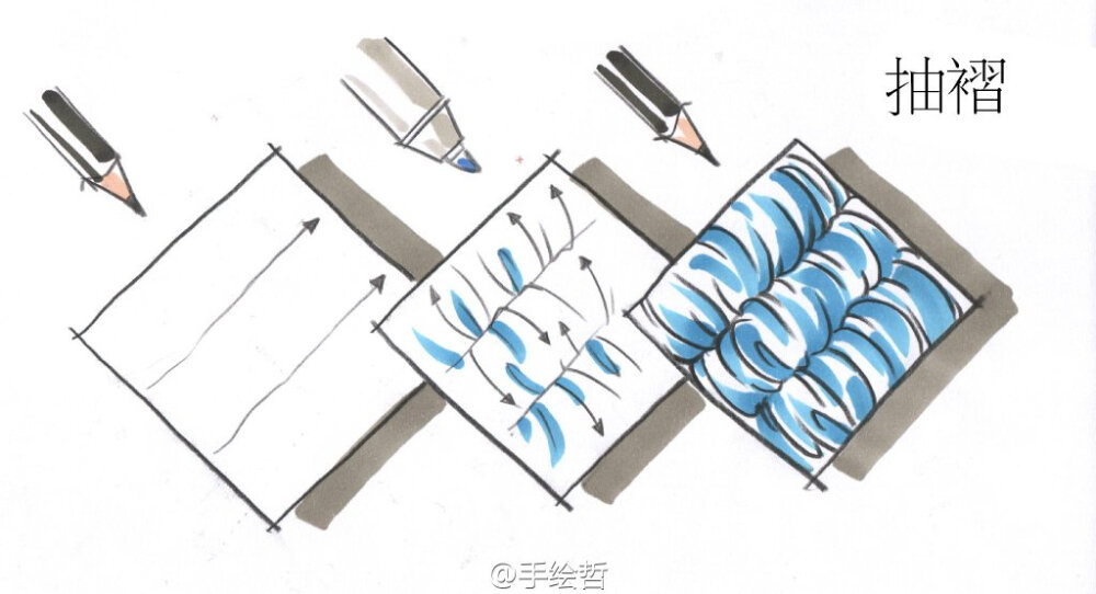 面料速写绘制表现，使用工具：马克笔，彩铅，高光笔。#服装手绘效果图##服装手绘##手绘时装画#@时装手绘Jrue